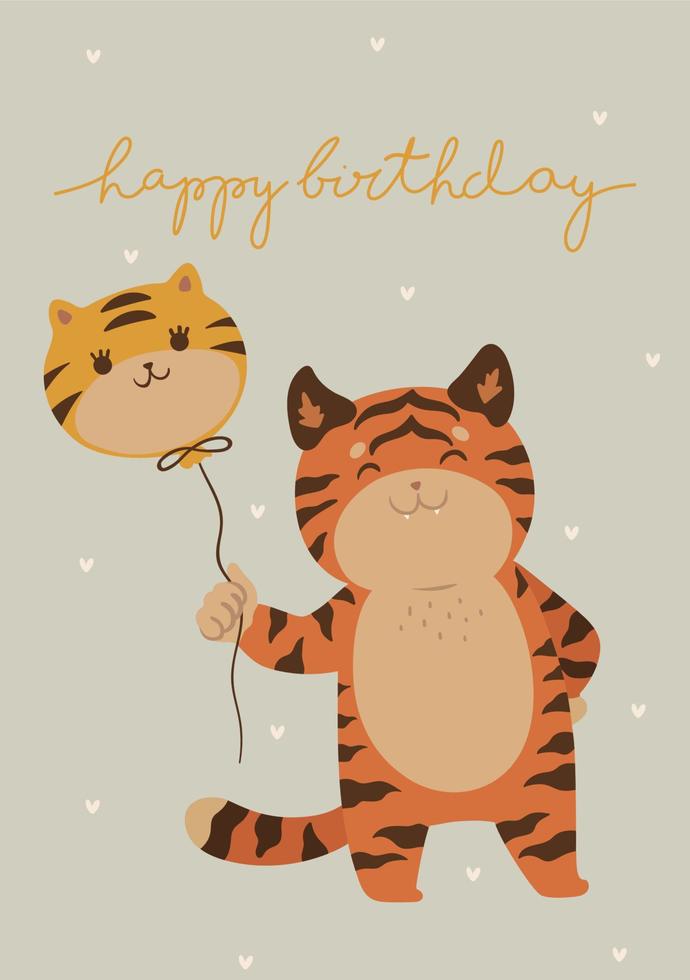 carte d'anniversaire avec tigre mignon. graphiques vectoriels. vecteur