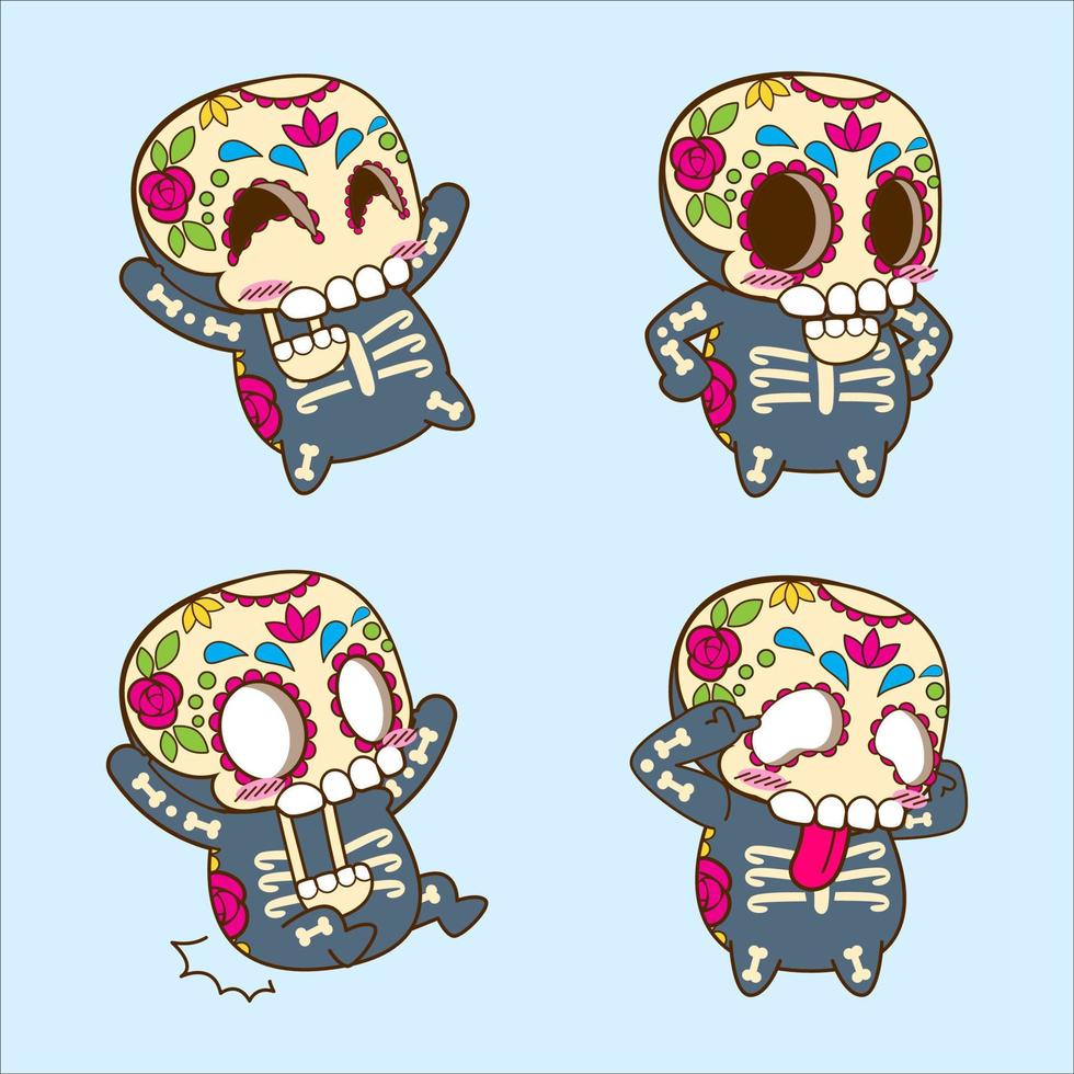 ensemble d'autocollants de crâne de sucre mignon halloween, illustration vectorielle dia de muertos vecteur