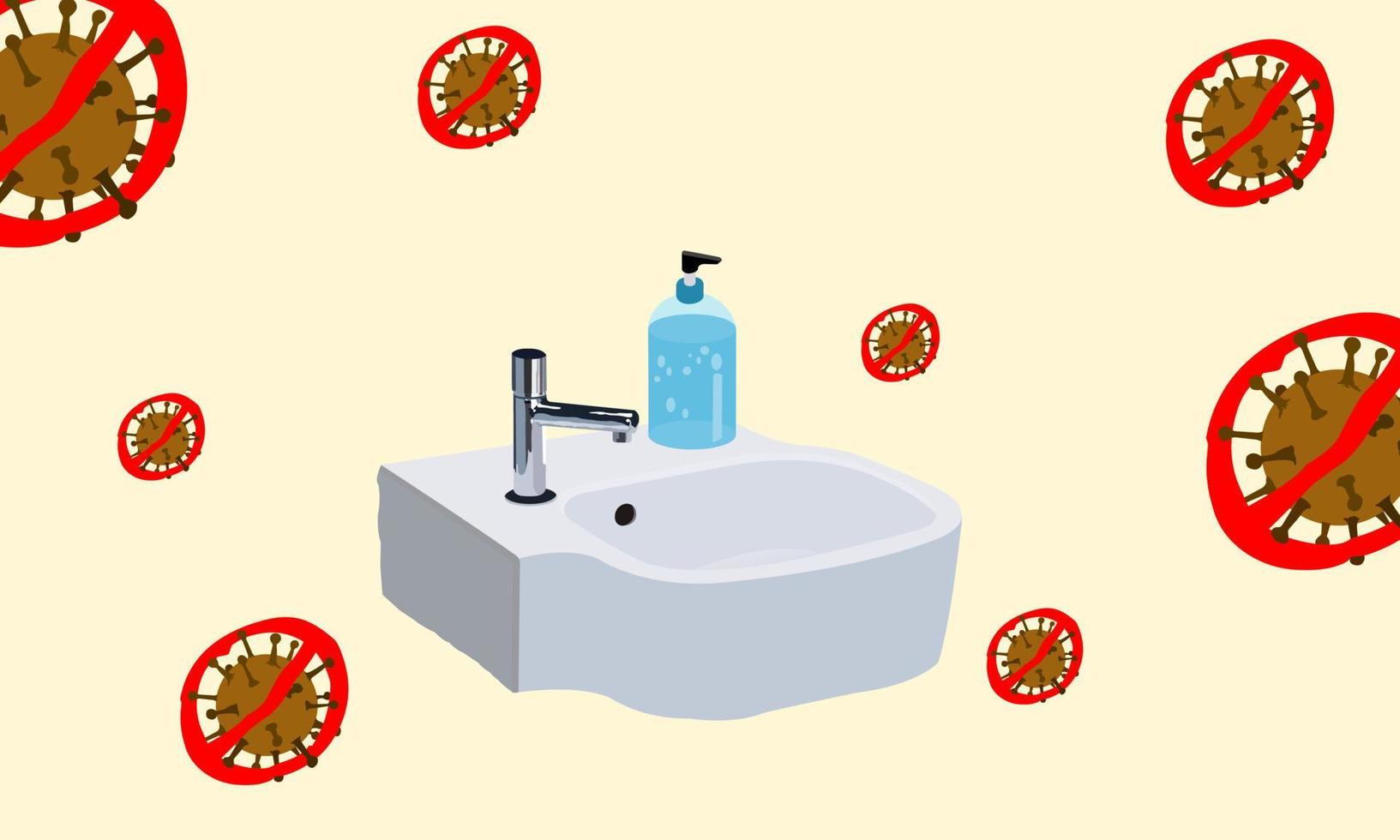 un flacon de gel hydro alcoolique posé sur un lavabo près d'un robinet. se laver les mains, désinfecter, nettoyer, prévenir le covid 19. vecteur
