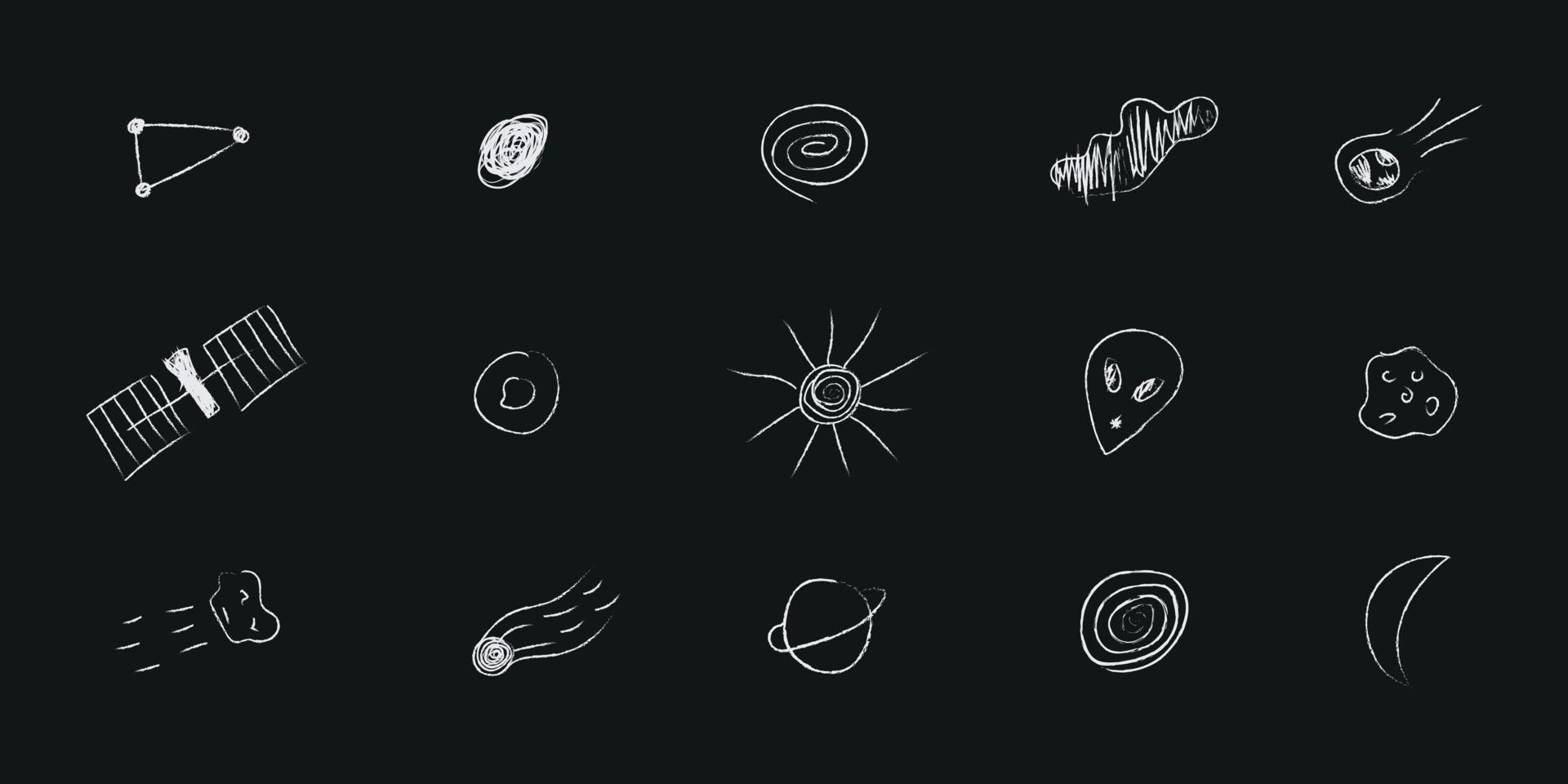 illustration de doodle cosmos dans un style enfantin, clipart de conception. éléments d'espace abstrait dessinés à la main avec lettrage. noir et blanc. vecteur