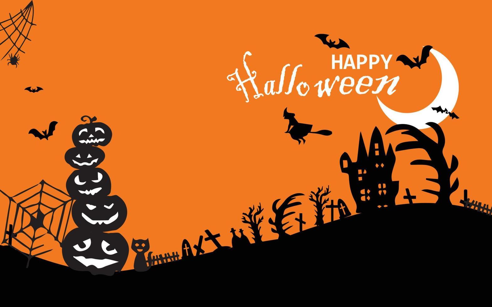 bannière de vente halloween horizontale. bannière de promotion de vacances avec fantôme volant, fantôme, araignée noire et chauve-souris, citrouille effrayante, zigzag et confettis sur fond orange, illustration vectorielle. vecteur