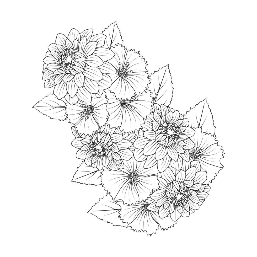 Coloriage de belles fleurs avec dessin au crayon détaillé dans le graphique vectoriel de l'art en ligne