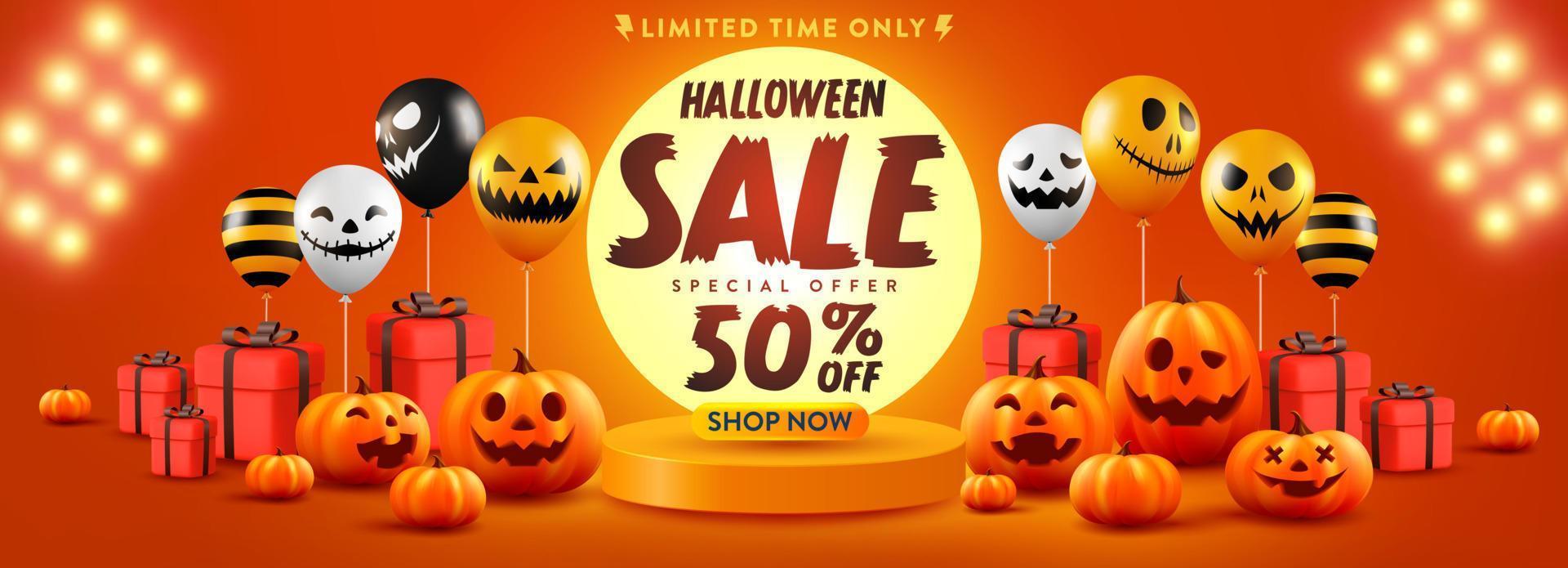 affiche ou bannière de promotion de vente d'halloween avec citrouille d'halloween et ballons fantômes. ballons à air effrayants avec scène de podium de produit. site Web effrayant, arrière-plan ou modèle d'halloween de bannière. vecteur