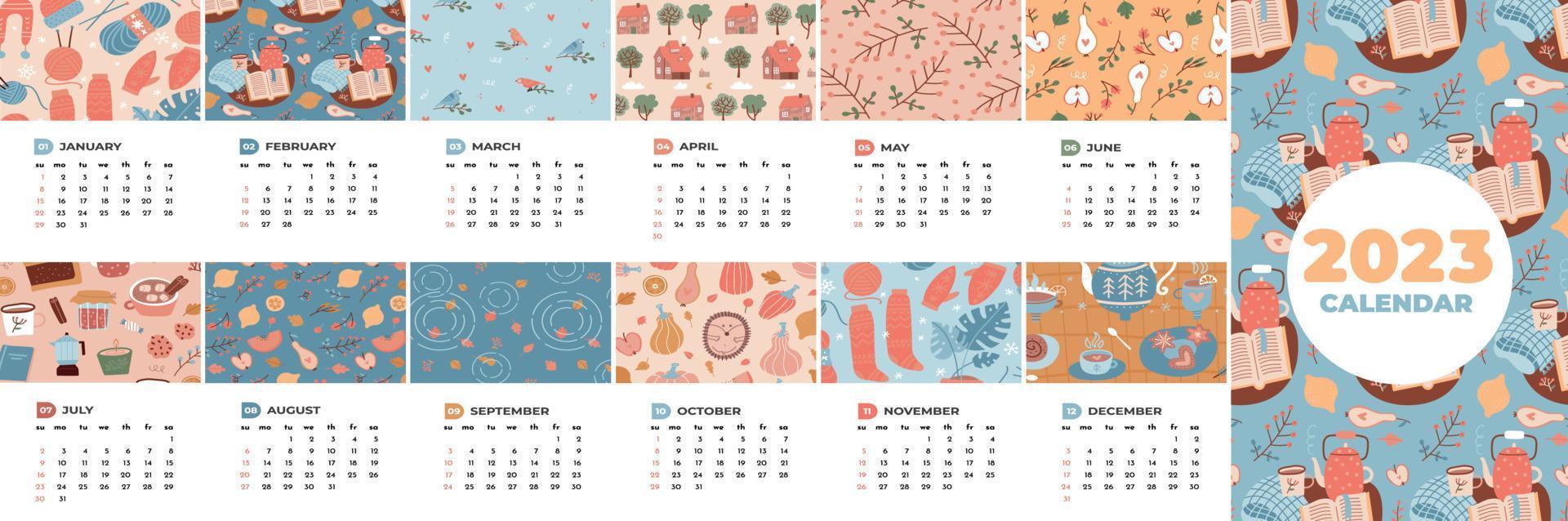 Calendrier 2023 avec 12 mois. modèle de conception verticale. quatre saisons nature jolis motifs confortables. humeur naturelle. illustration vectorielle en style cartoon plat. semaine commençant le dimanche. vecteur