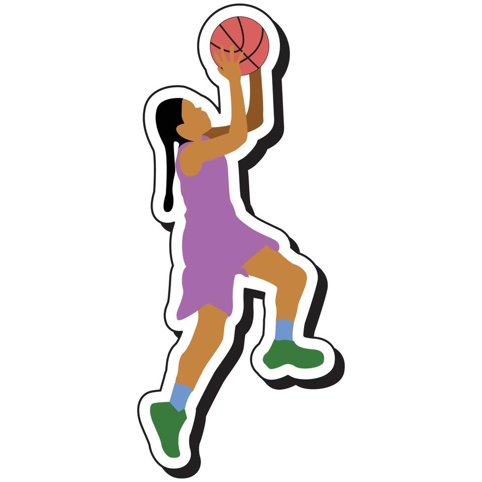 autocollant d'illustration, fille de basket-ball pose sauter lancer la balle vecteur