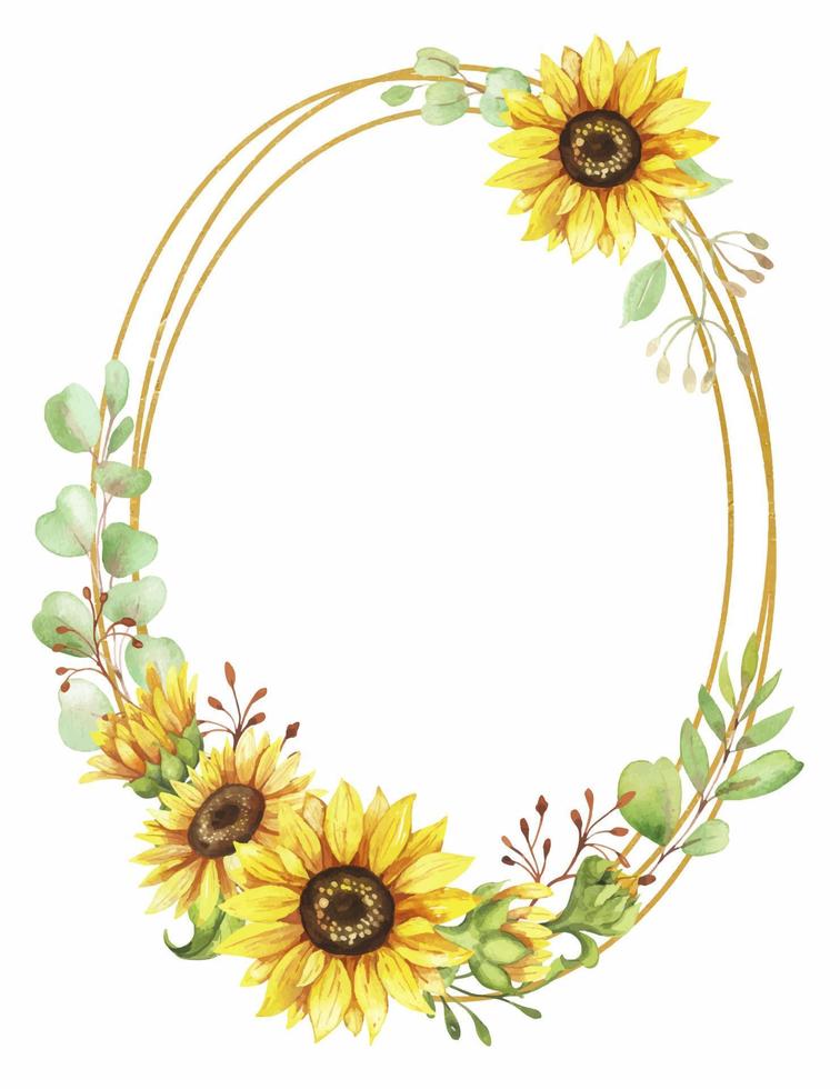couronne de tournesol, cadre rond doré de fleurs jaunes, illustration aquarelle peinte à la main sur fond blanc vecteur