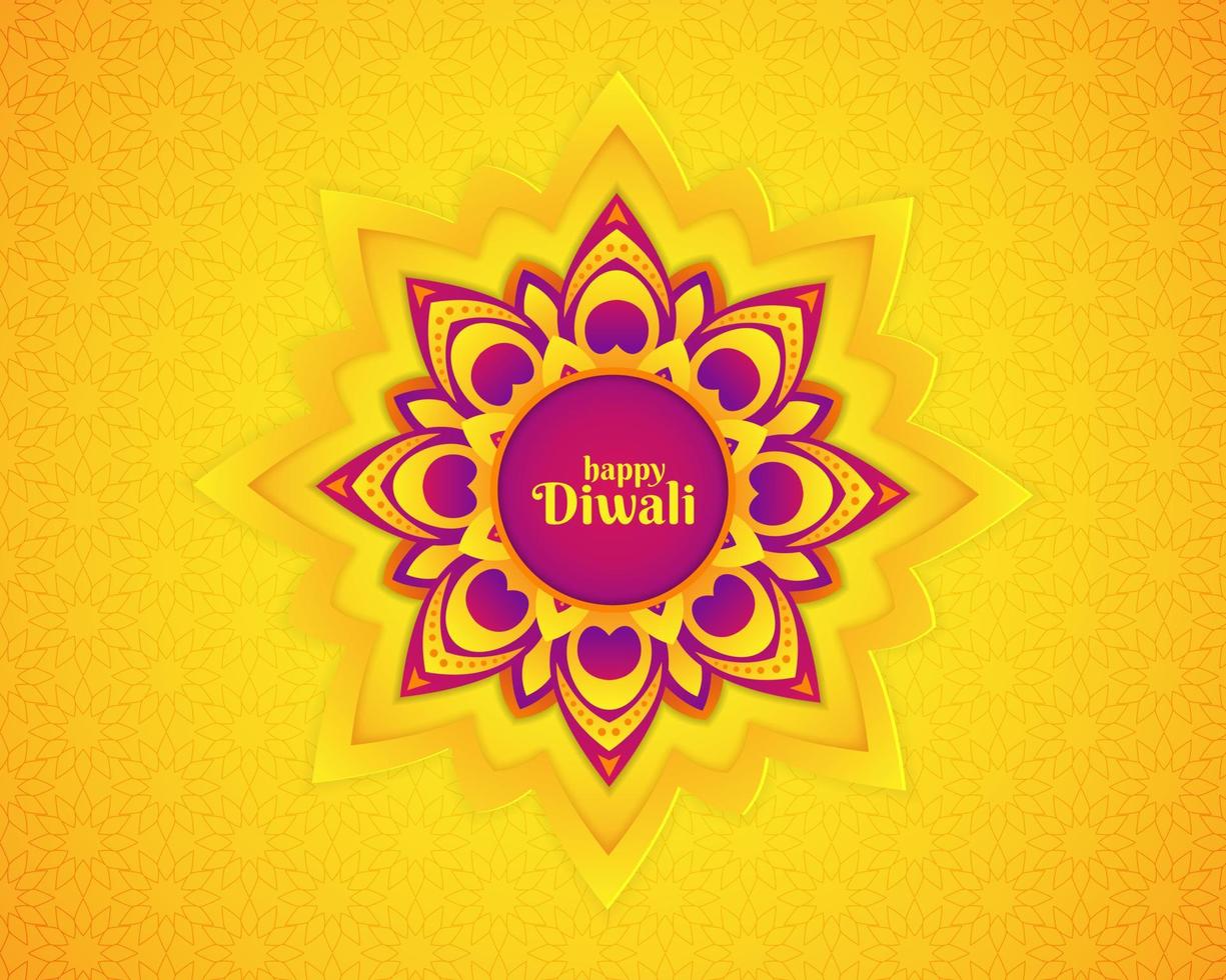 festival de diwali vacances de rangoli indien. couleur violet mandala sur fond jaune vecteur