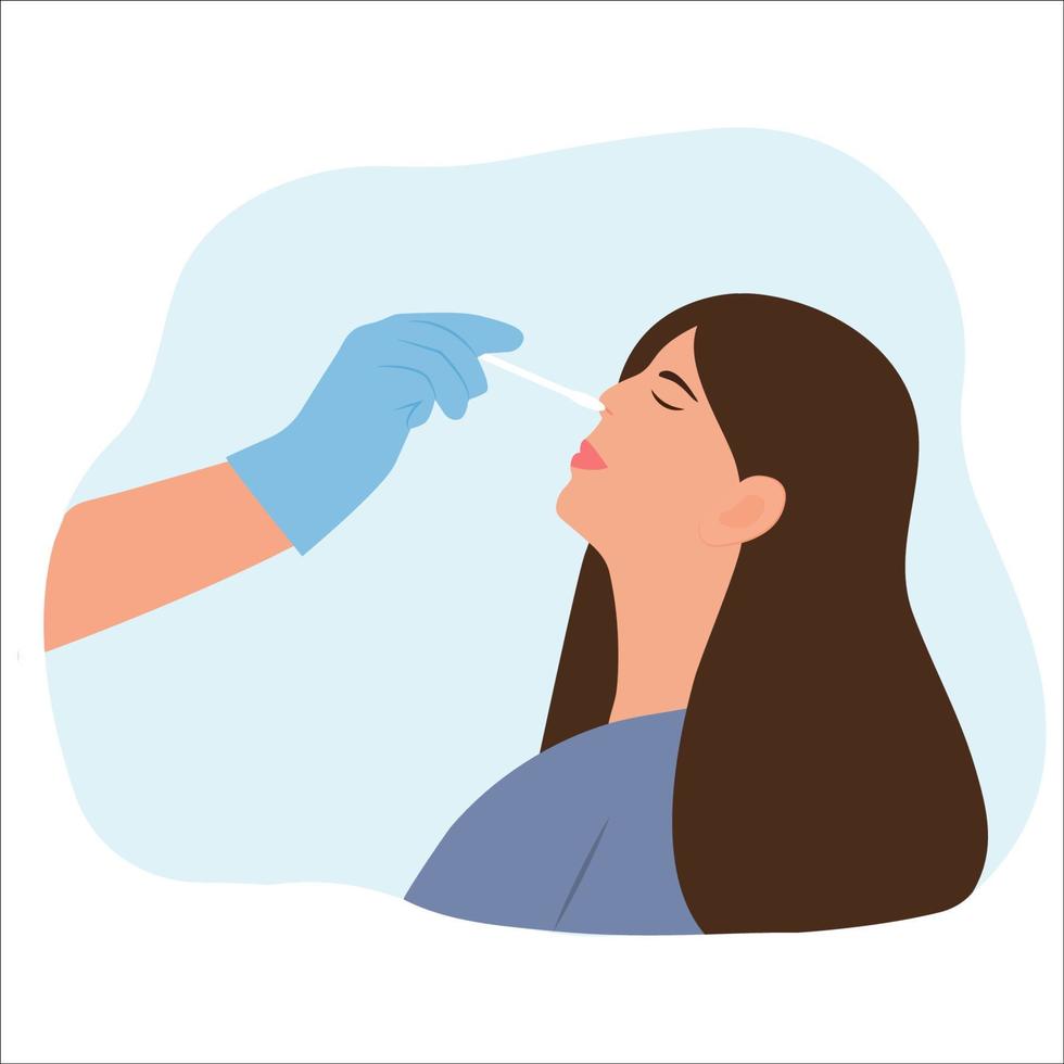 médecin prenant un test d'adn par sonde d'écouvillonnage nasal. test pcr, contrôle de la grippe, test de laboratoire sur écouvillon nasal pour l'infection par le virus corona, diagnostic de la grippe. illustration vectorielle plane. vecteur