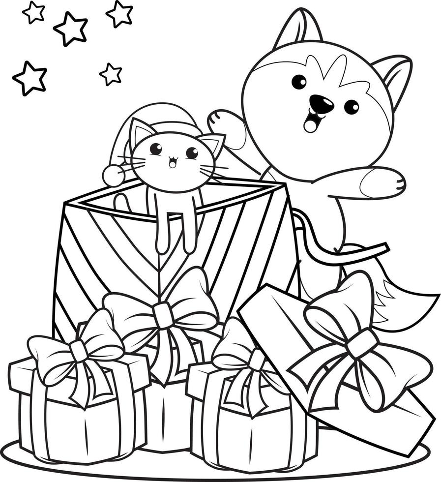 livre de coloriage de noël avec un husky mignon vecteur