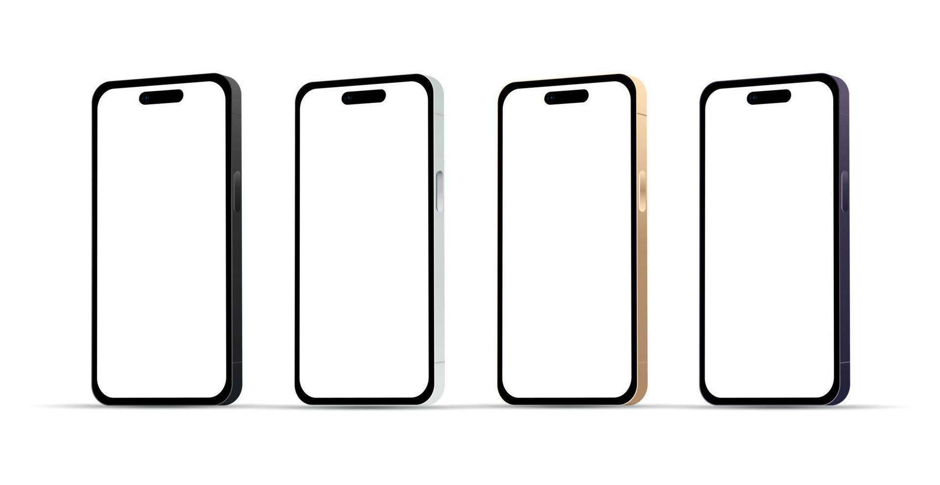 nouveauté, gadget moderne pour smartphone 14 version pro, ensemble de 4 pièces, nouvelles couleurs originales, modèle pour la conception de sites Web sur fond blanc - image vectorielle vecteur