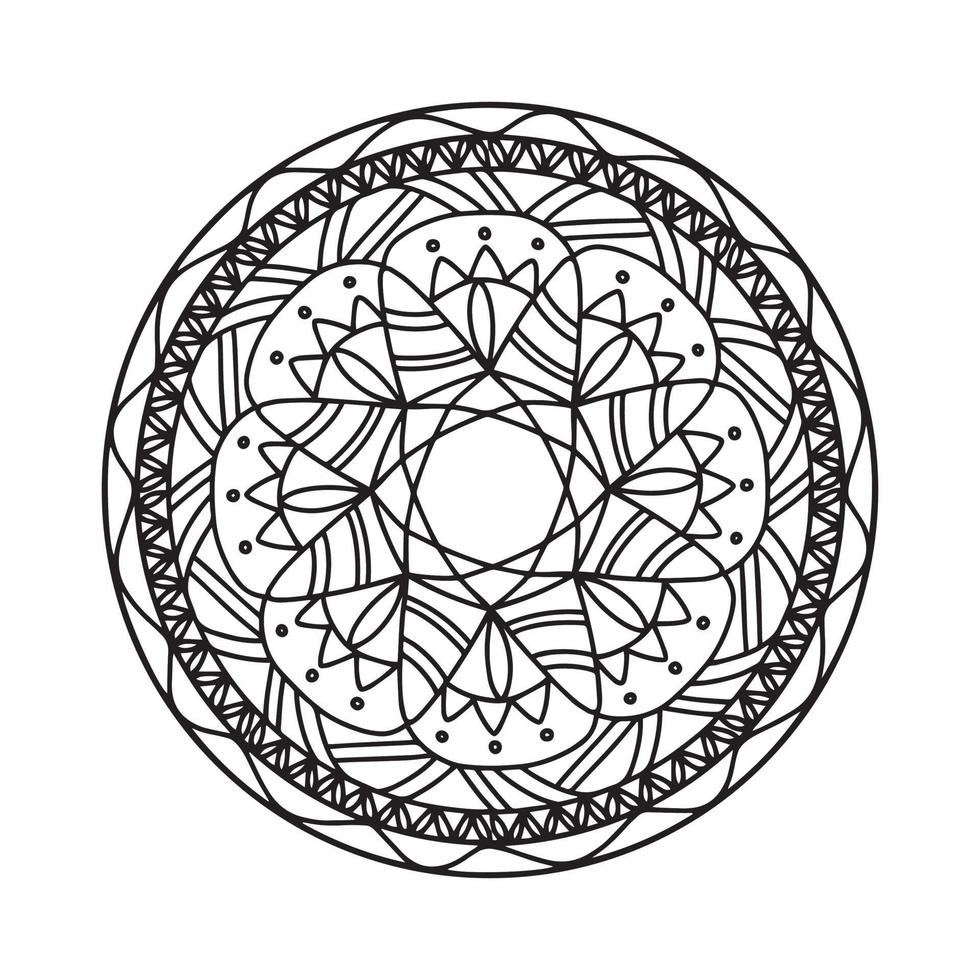 motif de mandala circulaire noir et blanc, décoré d'art de mandala cool bohème, de fleurs de henné, de rite mehndi et de symétrie monochrome. page de livre de coloriage mandal, thérapie anti-stress. vecteur