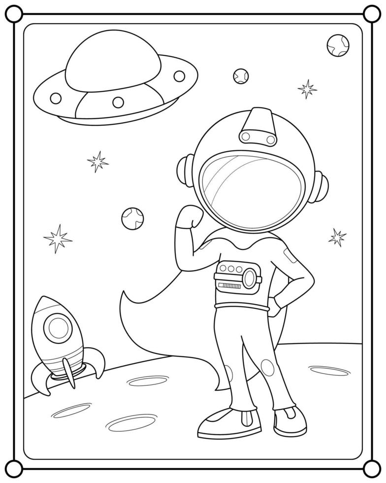 super-héros astronaute dans l'espace adapté à l'illustration vectorielle de la page de coloriage pour enfants vecteur