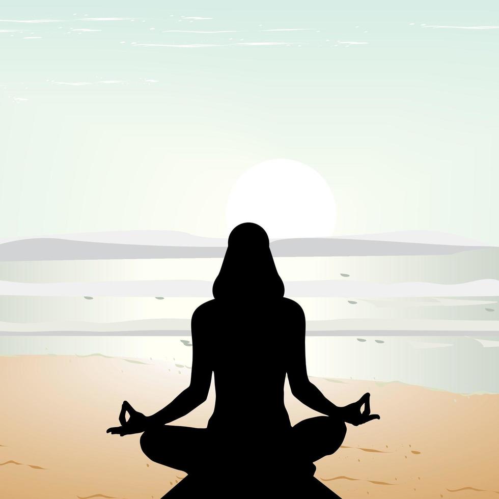 silhouette de femme faisant du yoga sur la plage vecteur