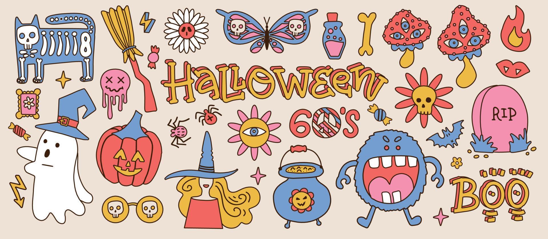 grand ensemble d'éléments clipart psychédéliques d'halloween des années 70. éléments graphiques rétro groovy de citrouille, crâne, oeil, champignons, papillon et sorcière. autocollants hippies linéaires de dessin animé. illustrations vectorielles vintage vecteur