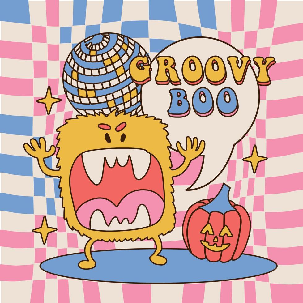 groovy boo - affiche carrée de style hippie des années 70 pour les vacances de fête d'halloween. le monstre poilu grogne à la discothèque avec une boule à facettes. illustration vectorielle dessinée à la main sur un fond quadrillé fondant. vecteur