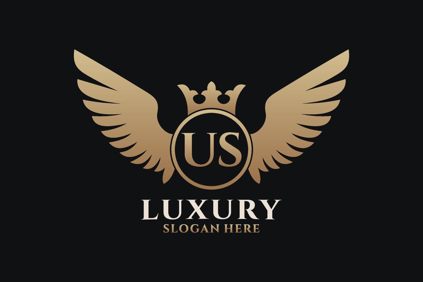lettre d'aile royale de luxe us crest logo couleur or image vectorielle, logo de victoire, logo d'écusson, logo d'aile, modèle de logo vectoriel. vecteur