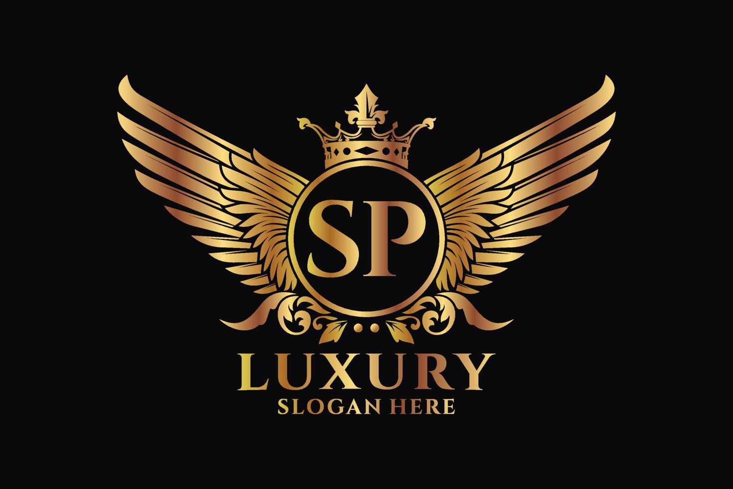 lettre d'aile royale de luxe sp crest logo couleur or vecteur, logo de victoire, logo de crête, logo d'aile, modèle de logo vectoriel. vecteur