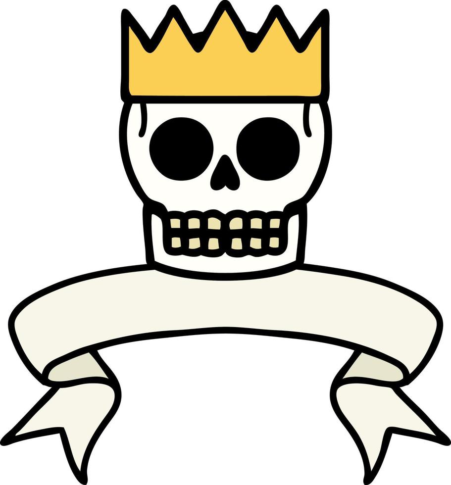 tatouage traditionnel avec bannière d'un crâne et d'une couronne vecteur