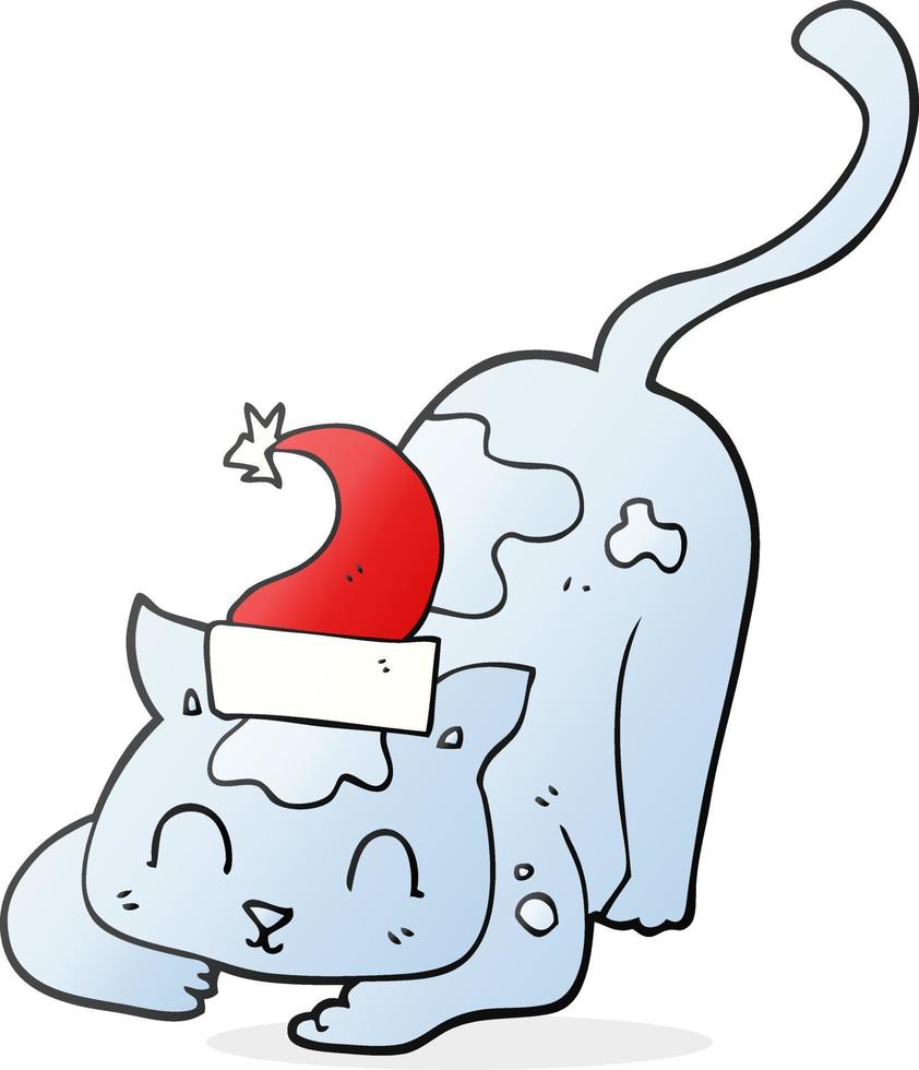 chat de dessin animé dessiné à main levée portant un chapeau de noël vecteur