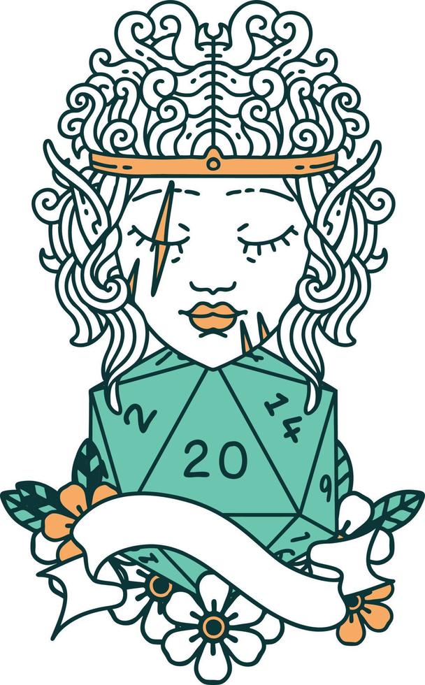visage de personnage barbare elfe de style tatouage rétro avec rouleau de vingt dés naturel vecteur