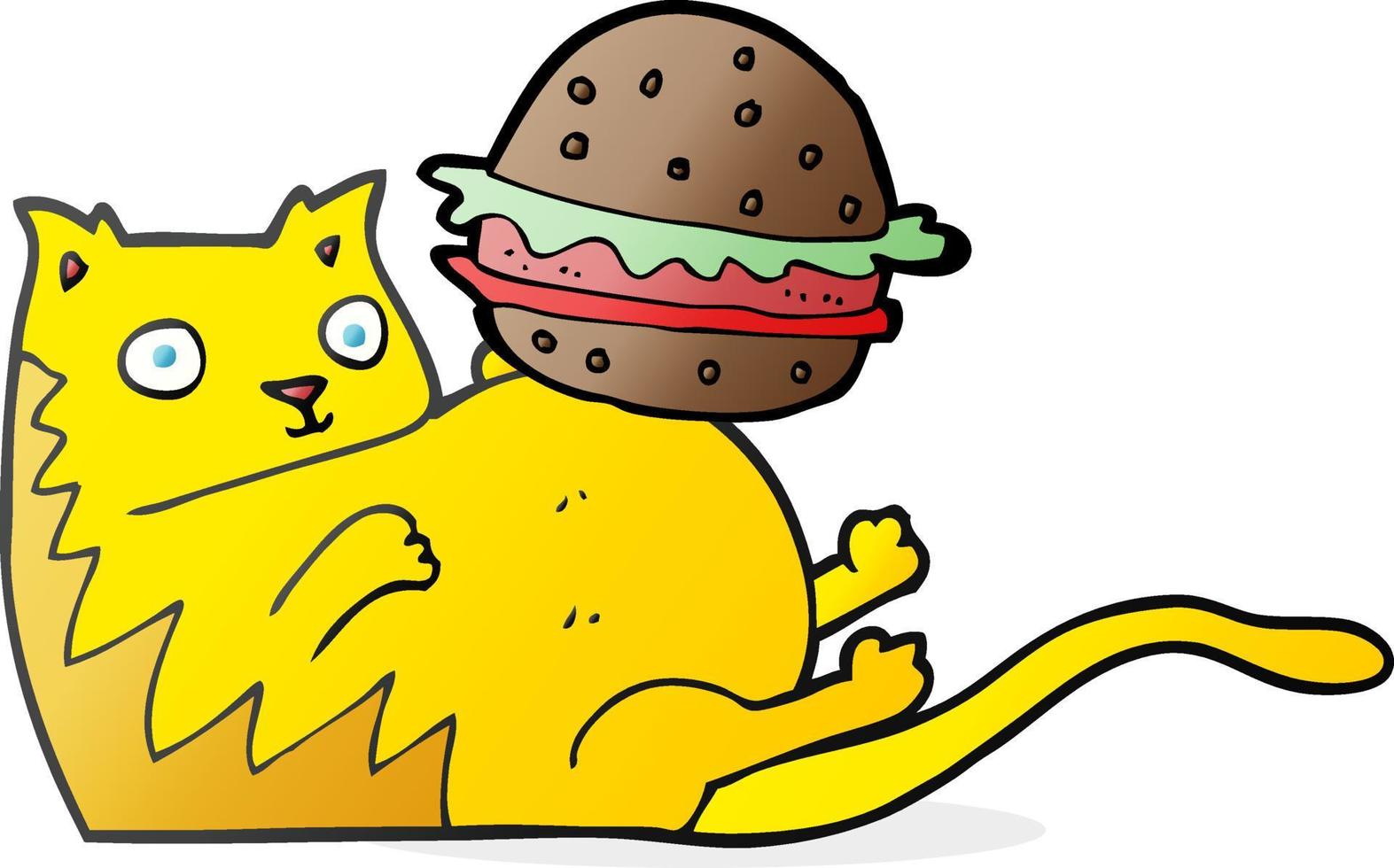 Gros chat cartoon dessiné à main levée avec burger vecteur