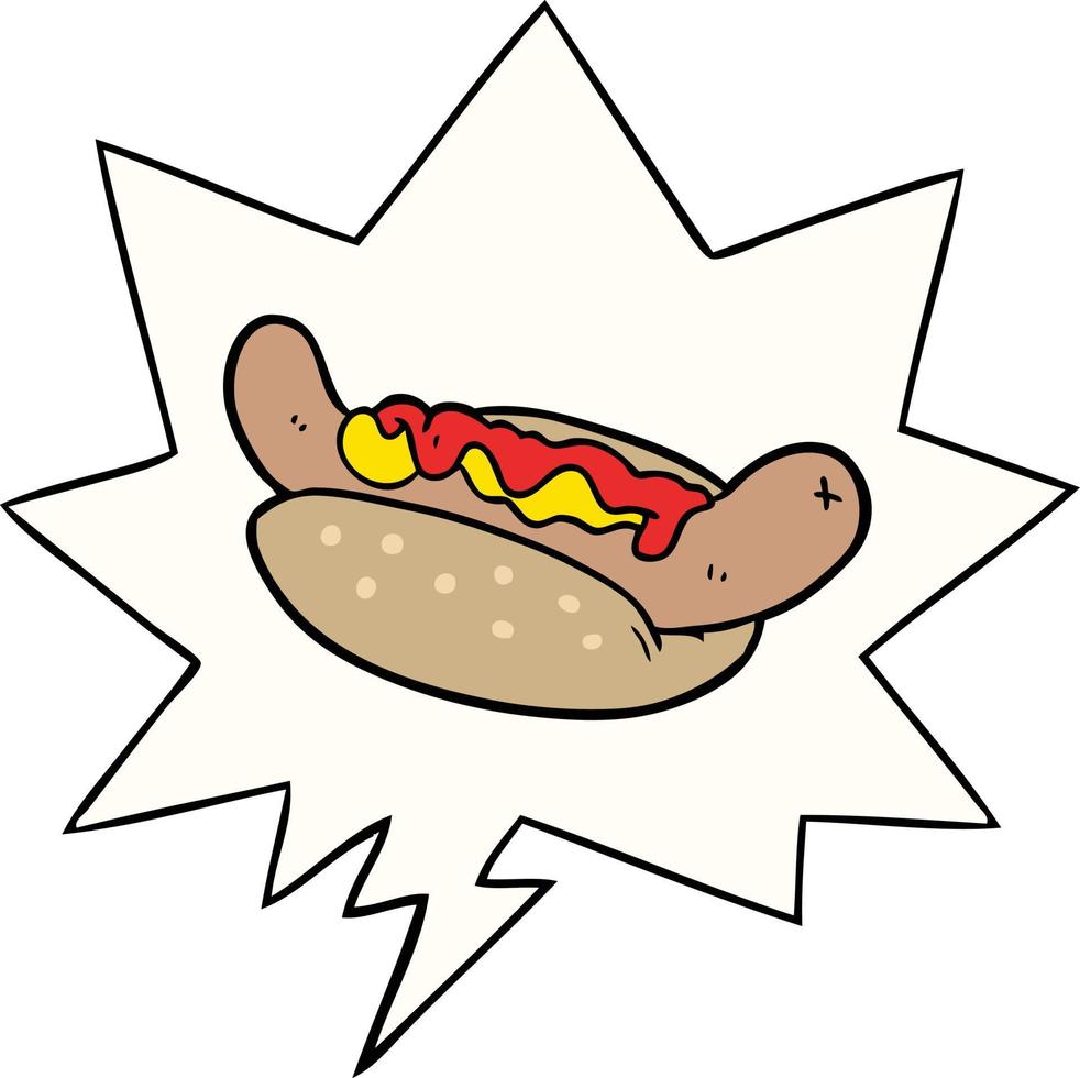 dessin animé frais savoureux hot-dog et bulle de dialogue vecteur