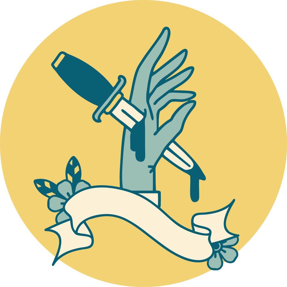 icône de style tatouage avec bannière d'un poignard à la main vecteur