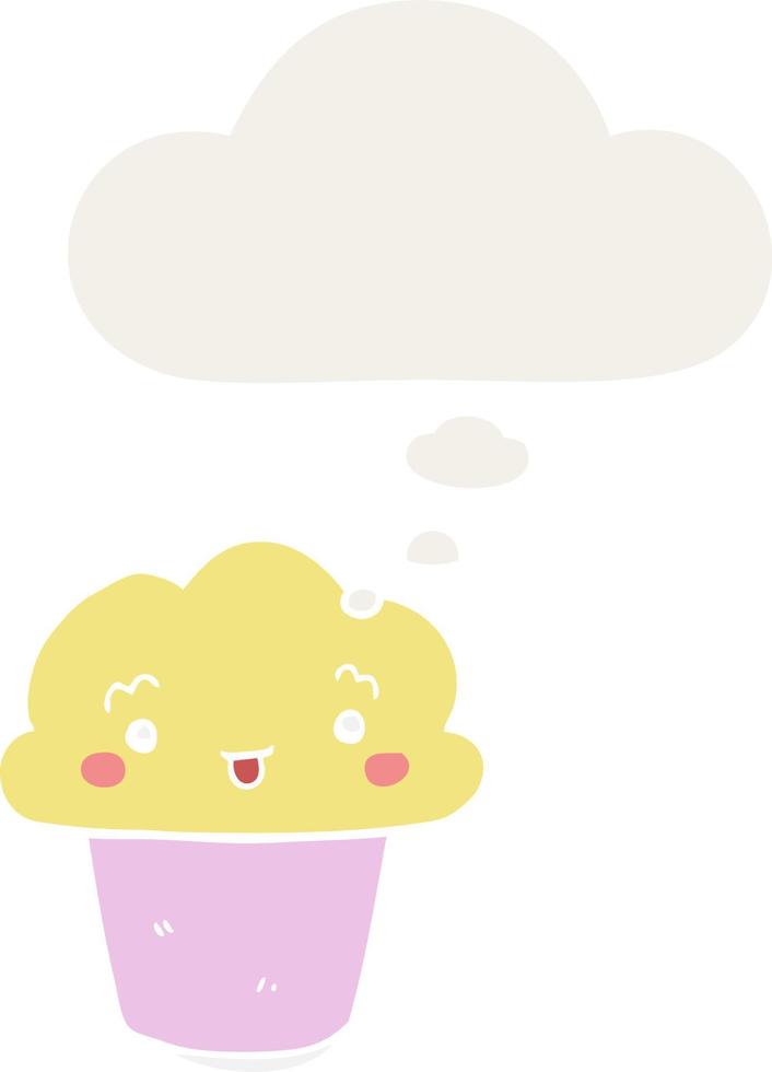 cupcake de dessin animé avec visage et bulle de pensée dans un style rétro vecteur