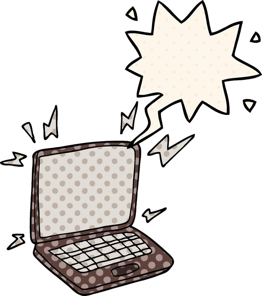 ordinateur portable de dessin animé et bulle de dialogue dans le style de la bande dessinée vecteur