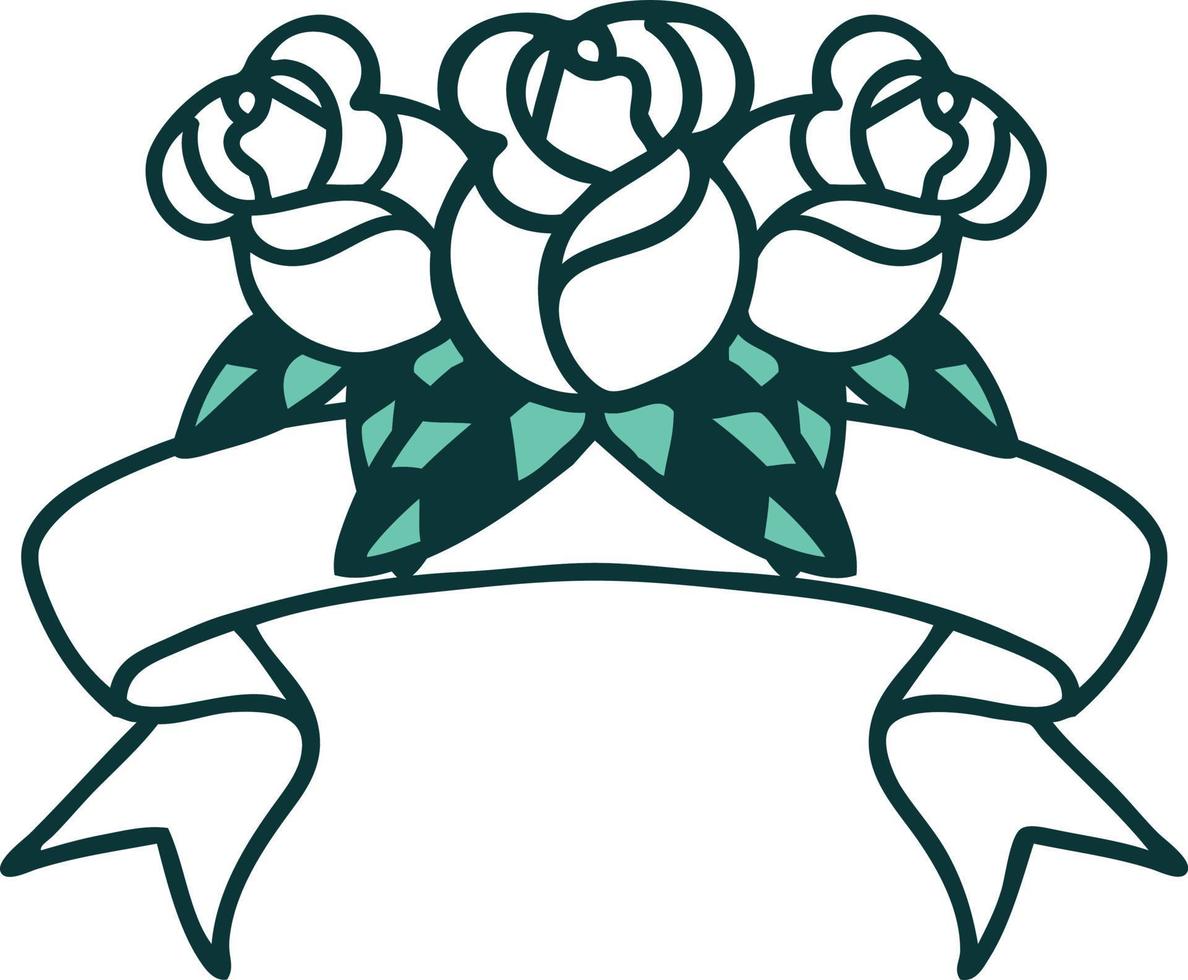 tatouage traditionnel avec bannière d'un bouquet de fleurs vecteur