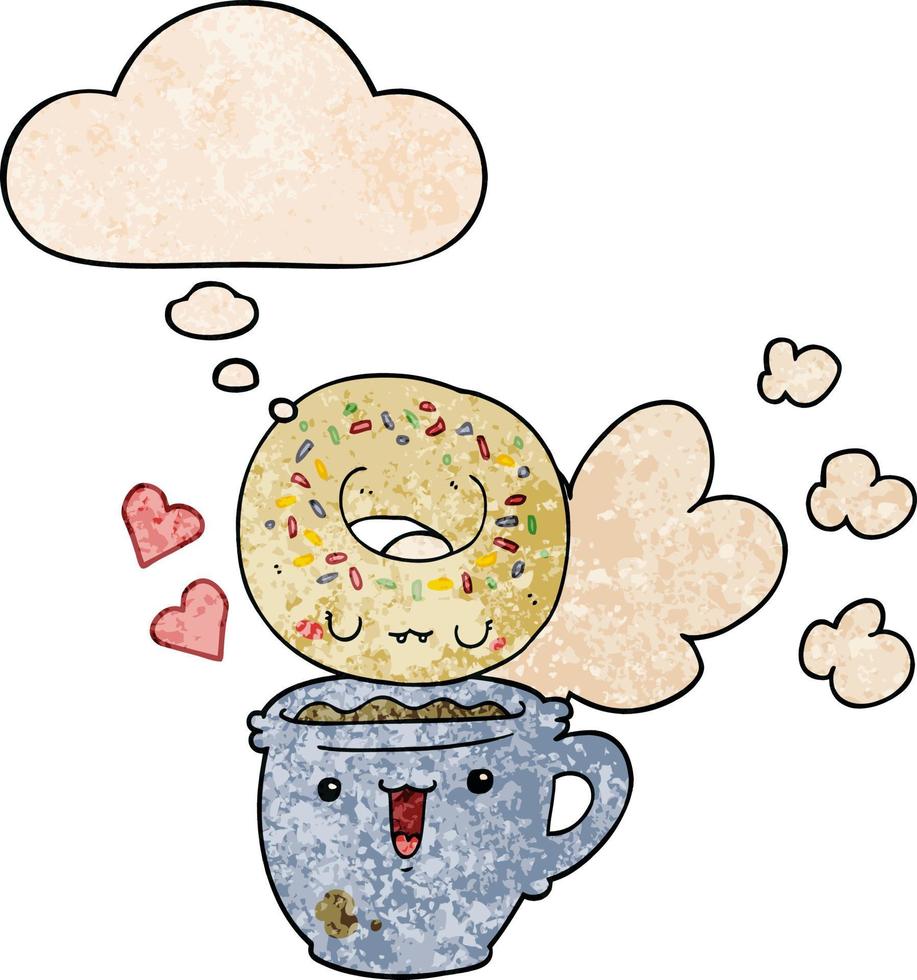 beignet de dessin animé mignon et café et bulle de pensée dans le style de motif de texture grunge vecteur