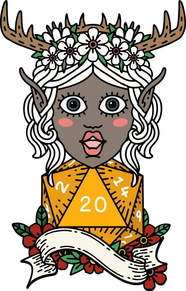 personnage de druide elfe de style tatouage rétro avec un rouleau de vingt dés naturel vecteur