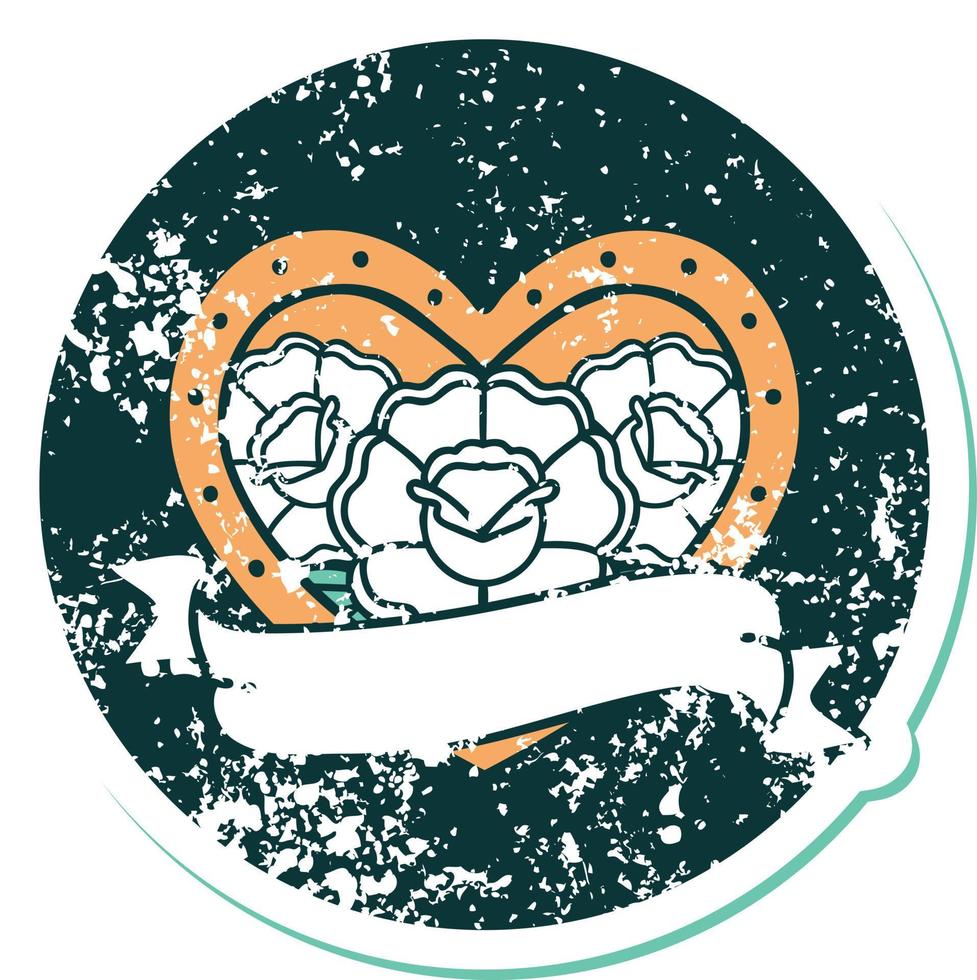 image emblématique de style tatouage autocollant en détresse d'un coeur et d'une bannière avec des fleurs vecteur