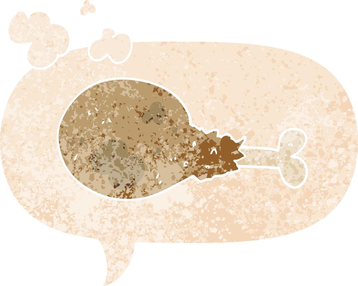 dessin animé cuisse de poulet cuit et bulle de dialogue dans un style texturé rétro vecteur