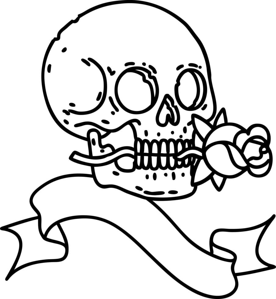 tatouage au trait noir traditionnel avec bannière d'un crâne et d'une rose vecteur