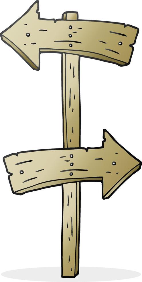 Panneau de direction en bois cartoon dessiné à main levée vecteur