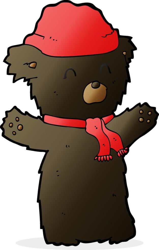 dessin animé mignon ours noir en bonnet et écharpe vecteur