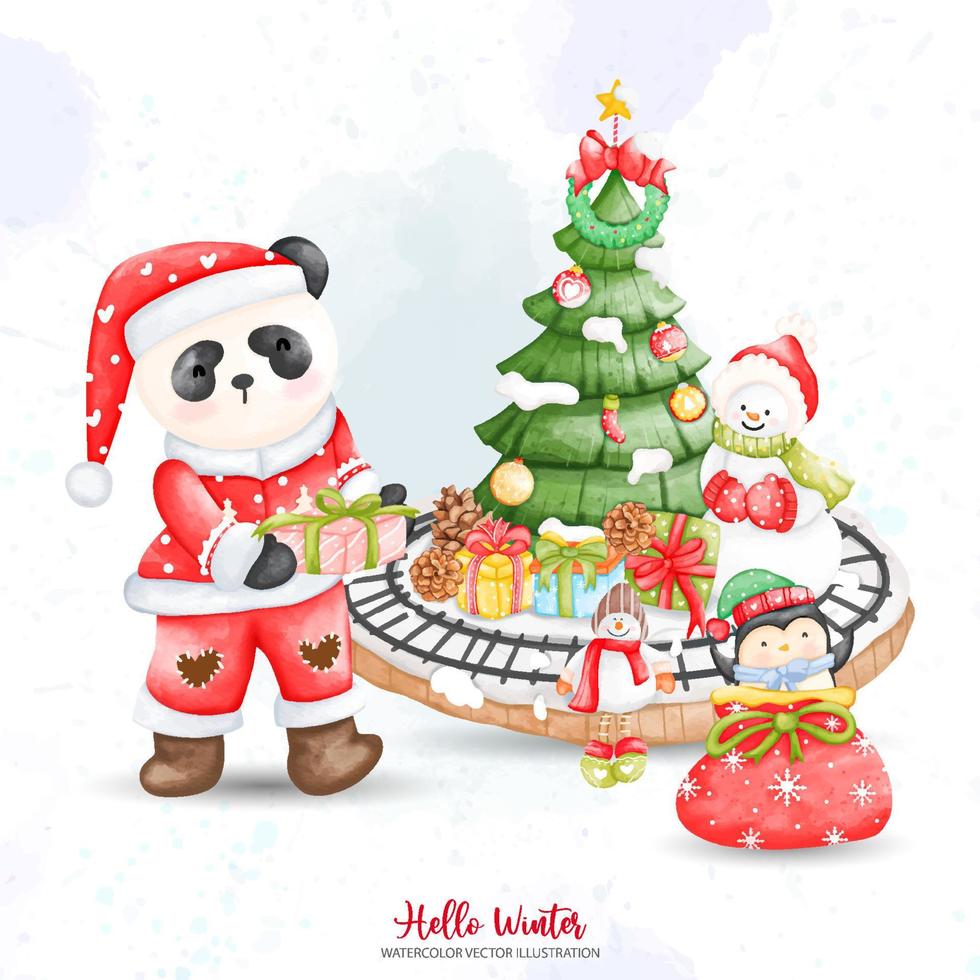 panda de noël et bonhomme de neige avec sapin de noël. illustrations vectorielles. animaux de noël aquarelle vecteur