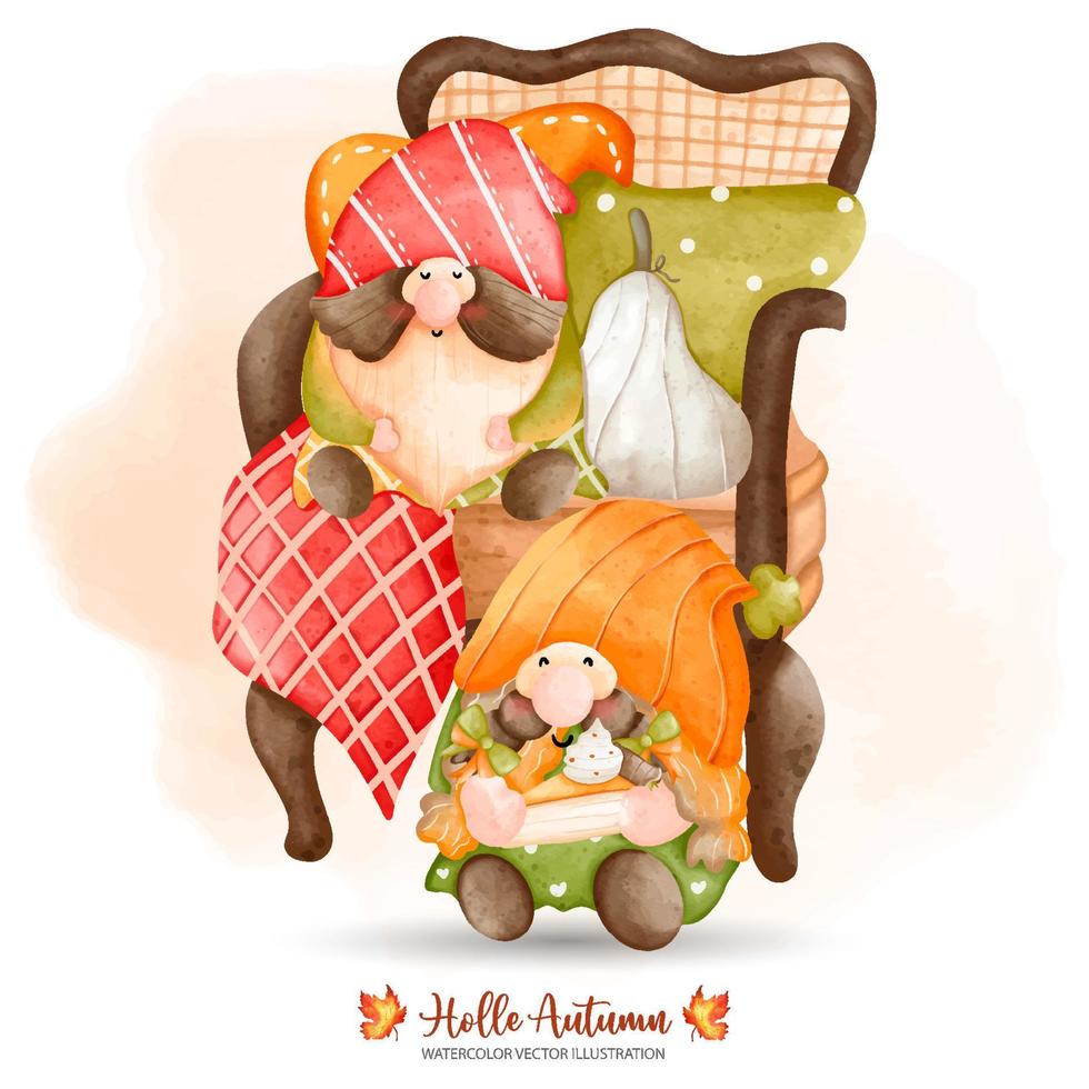 gnome d'automne avec chaise classique rétro, gnome d'automne, décor d'automne, illustration vectorielle aquarelle vecteur