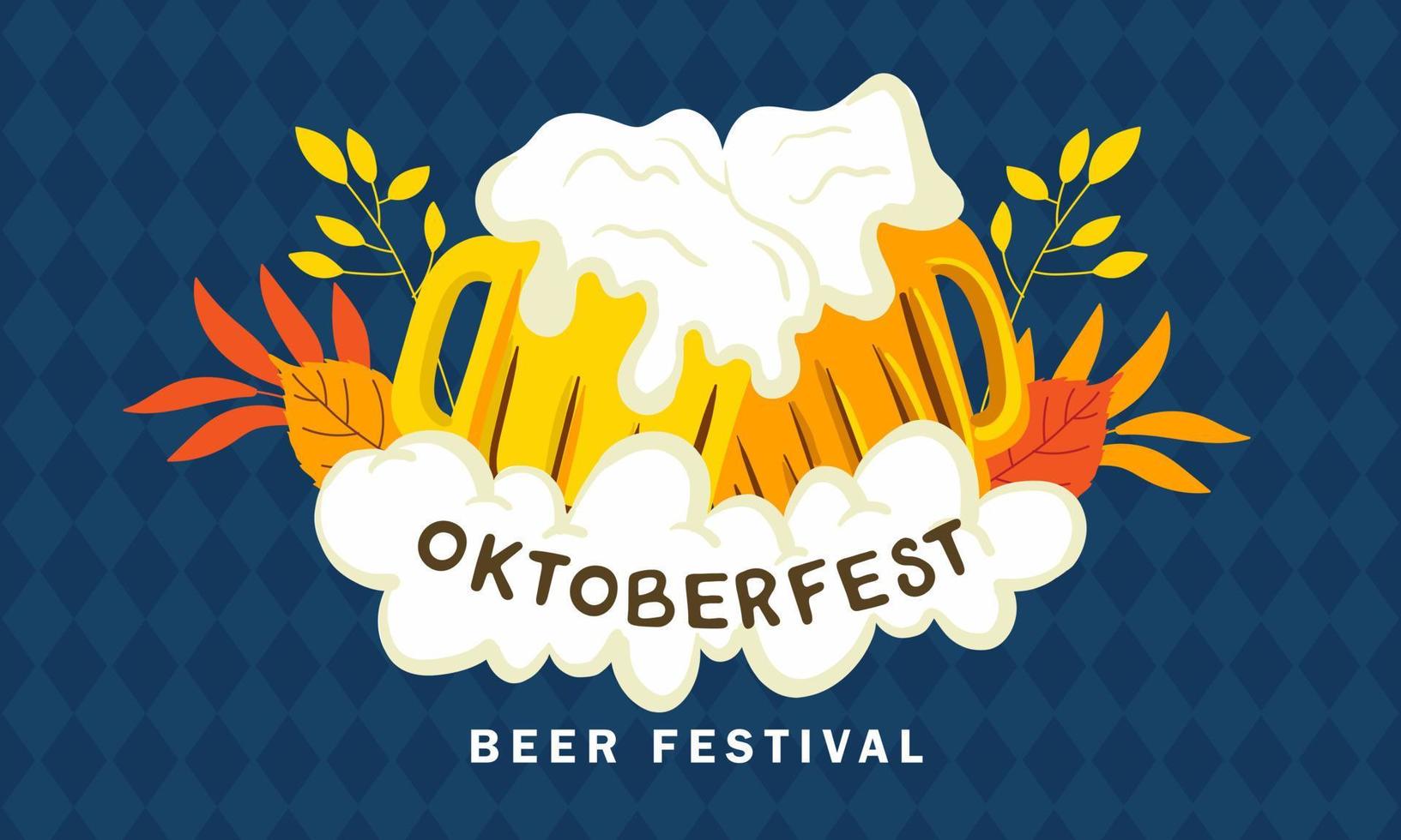 fond de la fête de la bière. bannière de l'événement du festival de la bière oktoberfest. couple, tasse, bière, vecteur