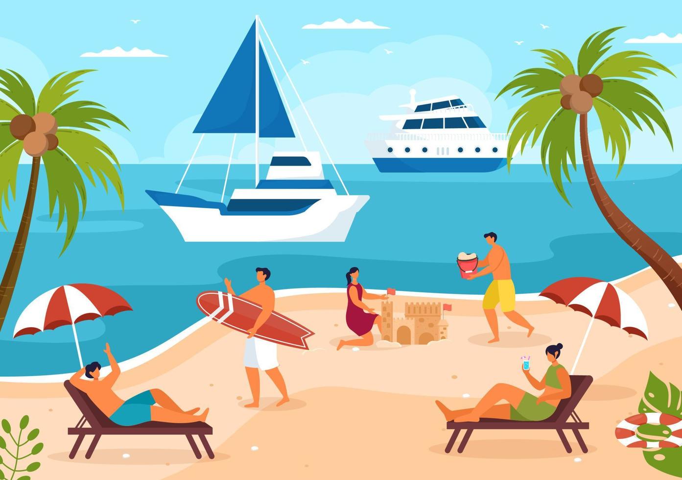 modèle de yachts illustration plate de dessin animé dessiné à la main avec des gens dansant, prenant un bain de soleil, buvant des cocktails et se relaxant sur un yacht de croisière à l'océan vecteur