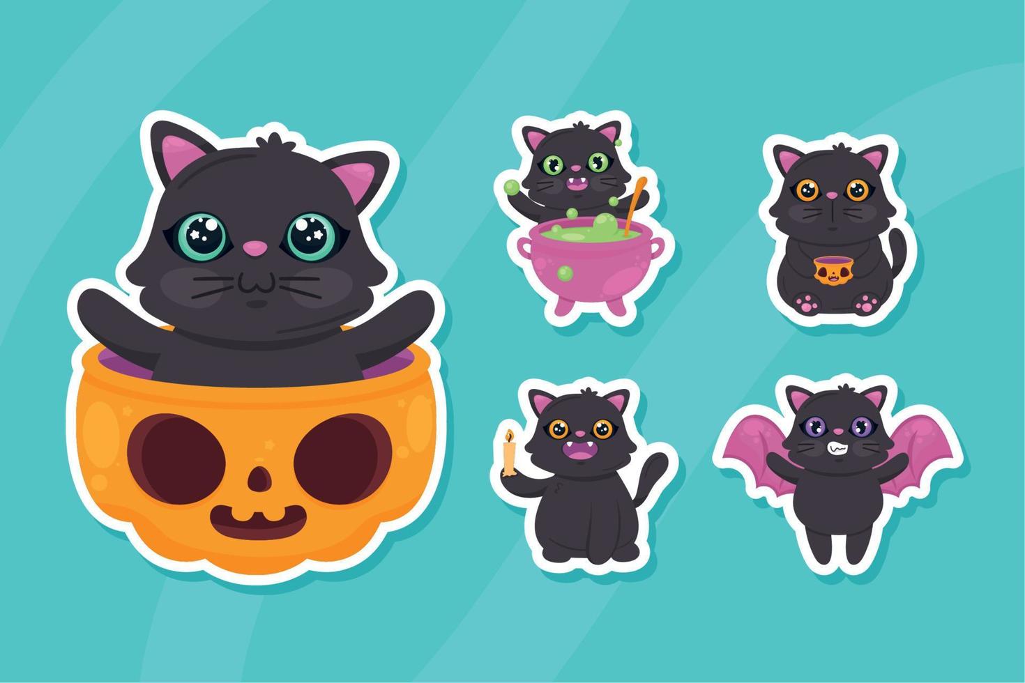 cinq personnages de chats d'halloween vecteur