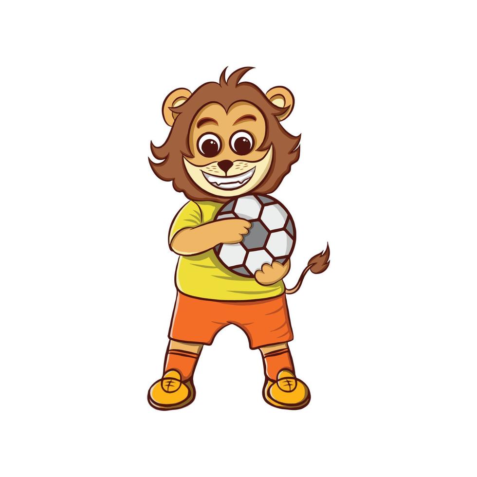 conception d'illustration de dessin animé mignon lion portant le ballon en tant que joueur de football vecteur