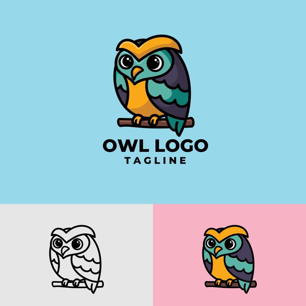 personnage de dessin animé hibou simple et propre, plat et contours logo premium vecteur