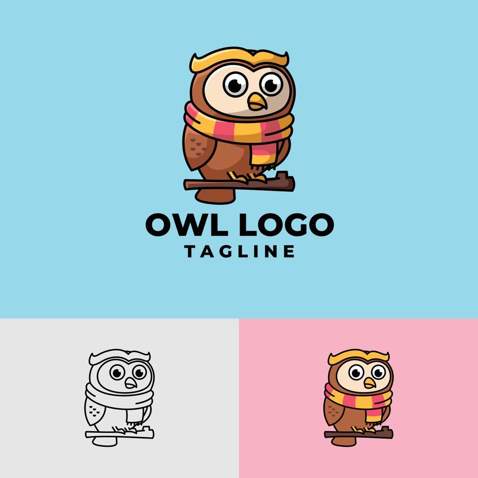 hibou mignon et propre portant un dessin animé écharpe, plat et contours logo premium vecteur