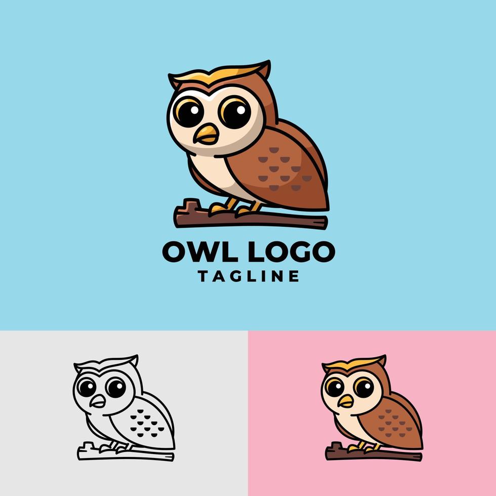 personnage de dessin animé hibou simple et propre, plat et contours logo premium vecteur