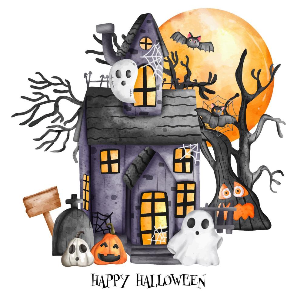 maison hantée d'halloween avec arbre hanté et pleine lune. élément d'halloween. décoration d'Halloween vecteur
