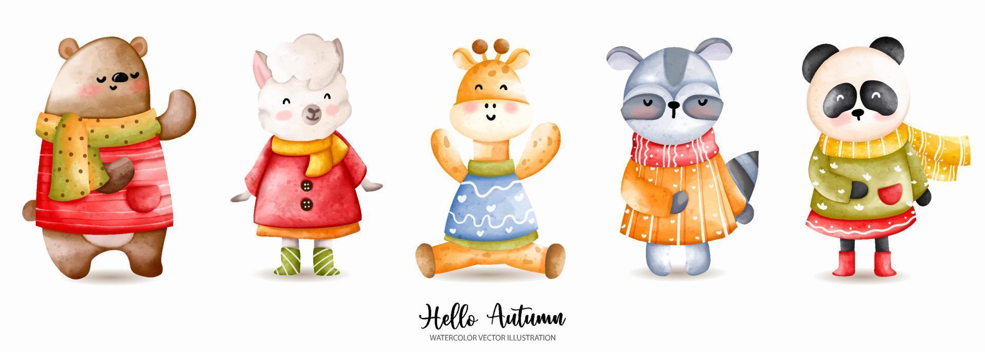 aquarelle d'automne animal, illustration vectorielle de thanksgiving, ours, mouton, girafe, raton laveur, panda vecteur