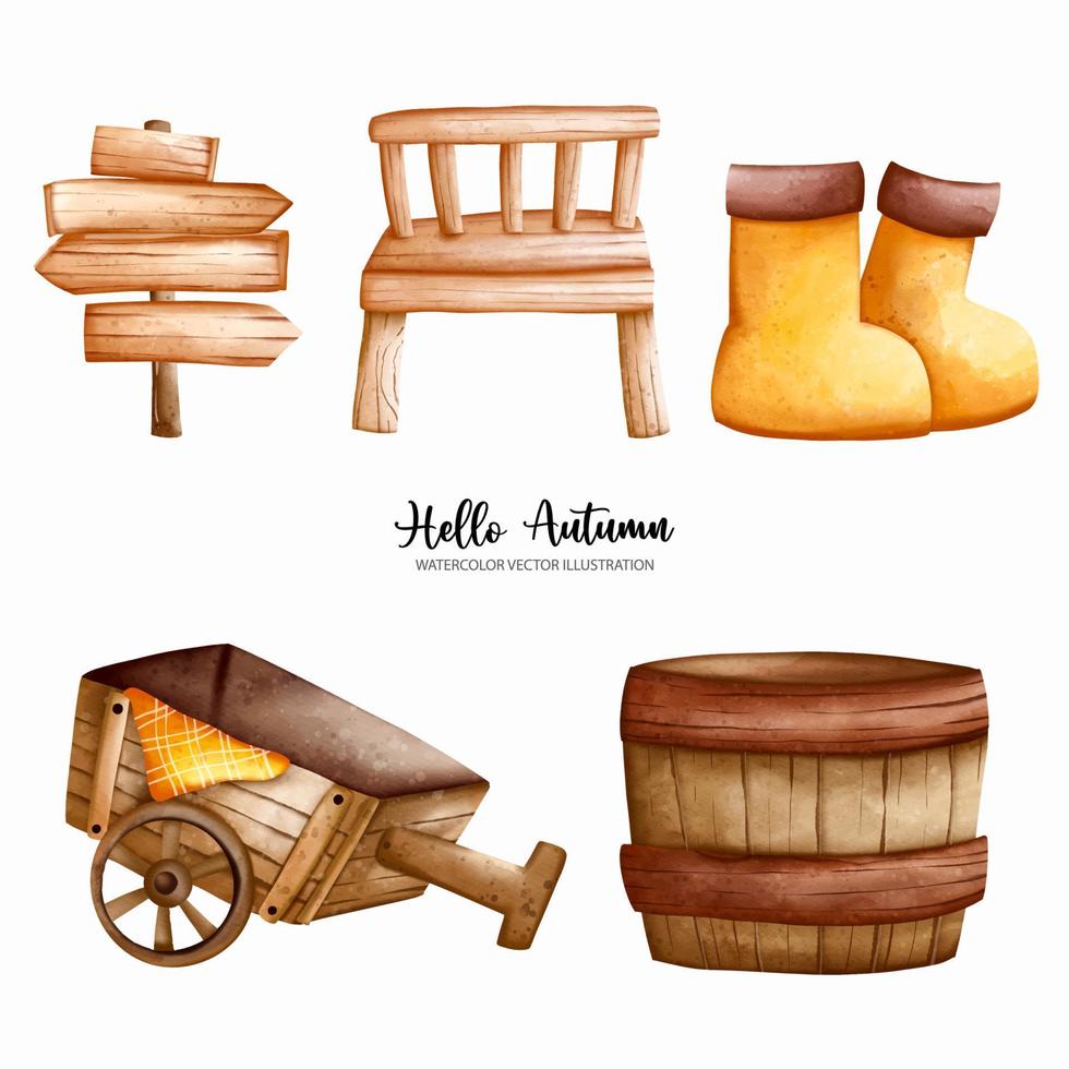 illustration aquarelle fermier, tonneau en bois, chaise en bois, chariot en bois, bottes de jardinage, panneau en bois vecteur