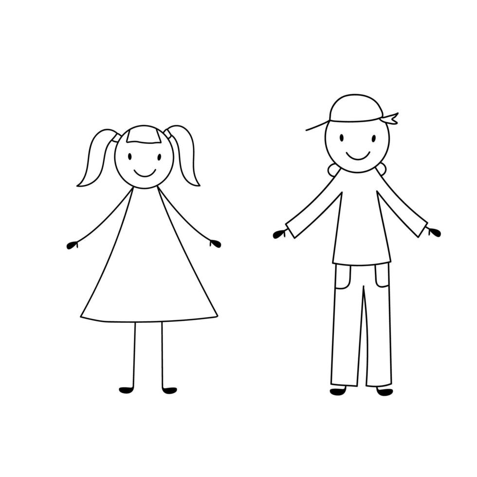 mignon bâton souriant fille et garçon. illustration vectorielle dans un style doodle isolé sur blanc vecteur